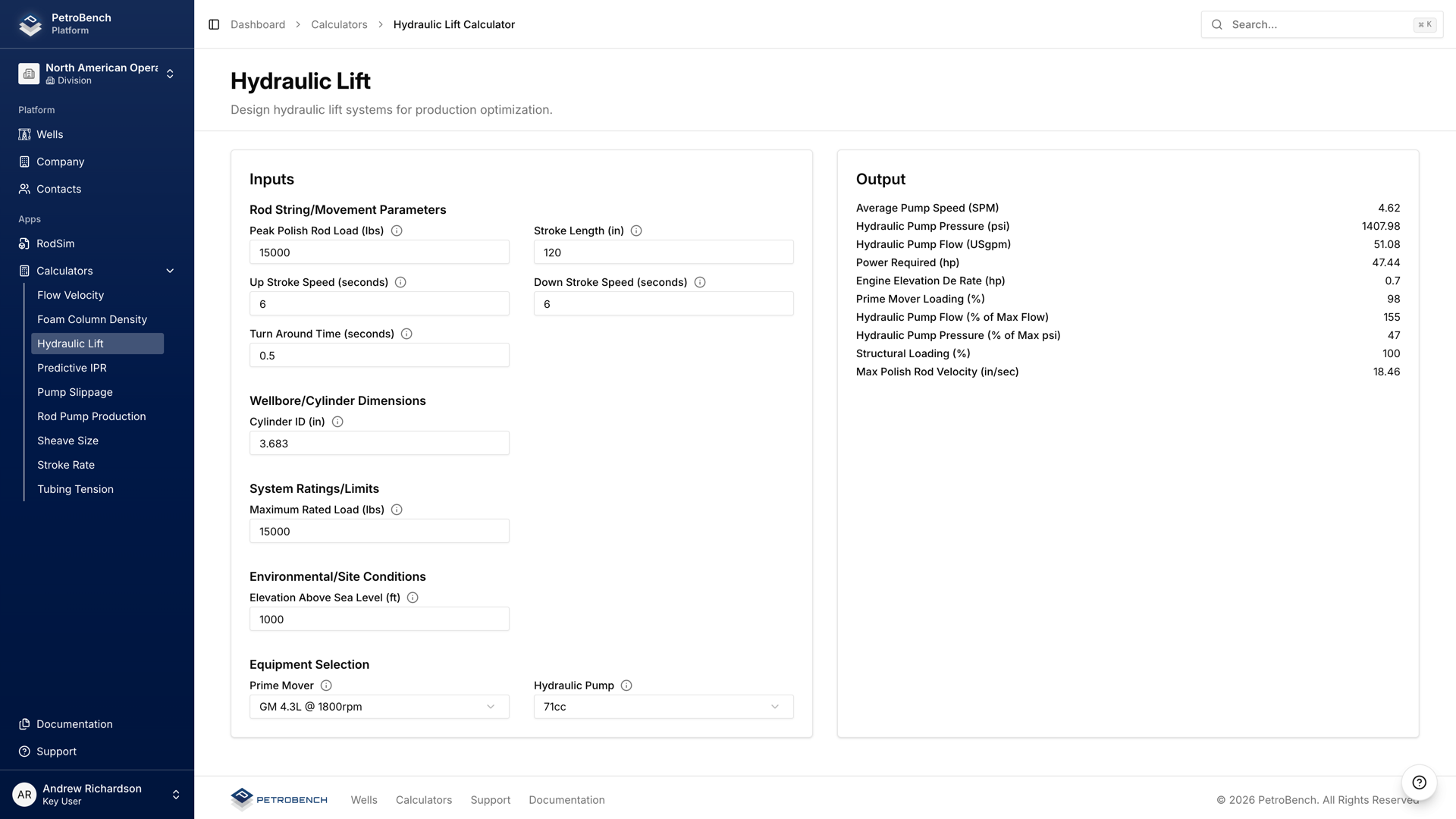 Hydraulic Lift Calculator interface