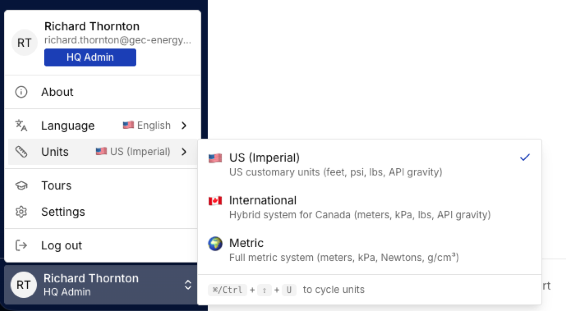 Unit system selection dropdown