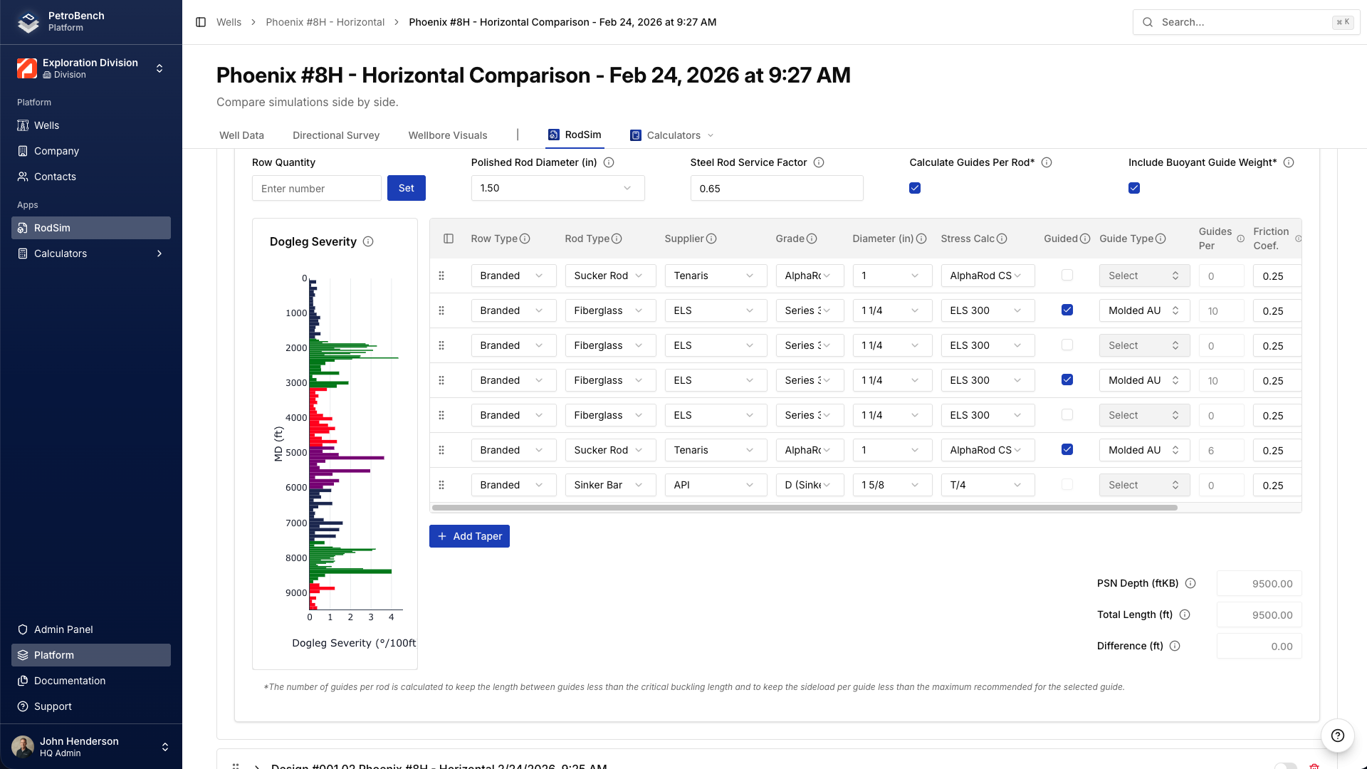 Rod data configuration with dogleg severity visualization